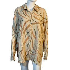 Kate Hill 100% Linen Sz 3X Tan Brushstroke Button Down Long Sleeve Jacket Top